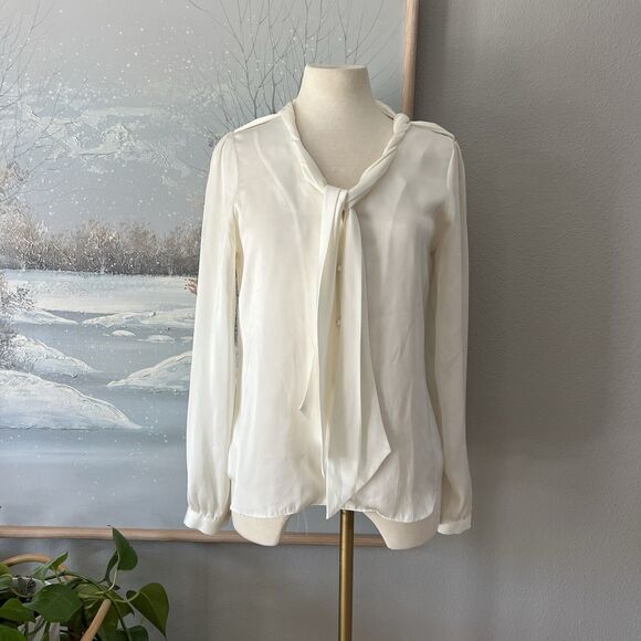 Anne Klein cream neutral Silky rolled neck Tie Blouse Size small business work - Picture 2 of 13
